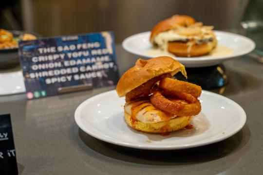 a pirate themed burger with onion rings